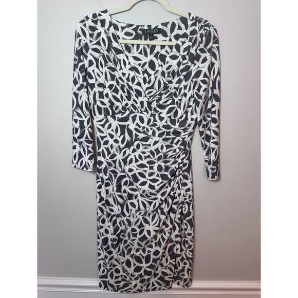 Lauren Ralph Lauren Surplice Dress Women Size 6 Black White V Neck Faux Wrap - Picture 6 of 9